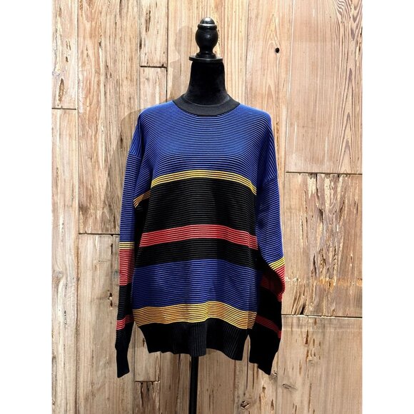 Nagata Organic Cotton Rainbow Stripe Knit Sweater Oversized Fit Crew Neck Black/ - Picture 1 of 3